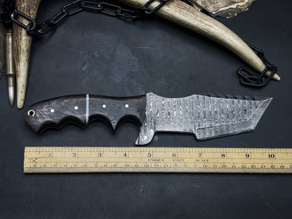 Handmade Damascus Steel Hunting Tracker EDC Knife with Wood Handle and Leather Sheath