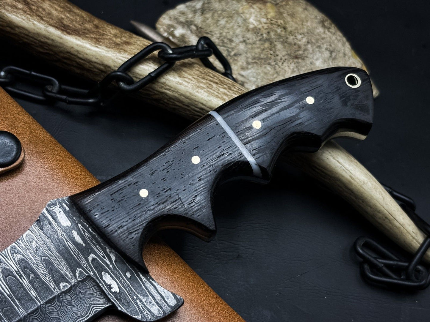 Handmade Damascus Steel Hunting Tracker EDC Knife with Wood Handle and Leather Sheath