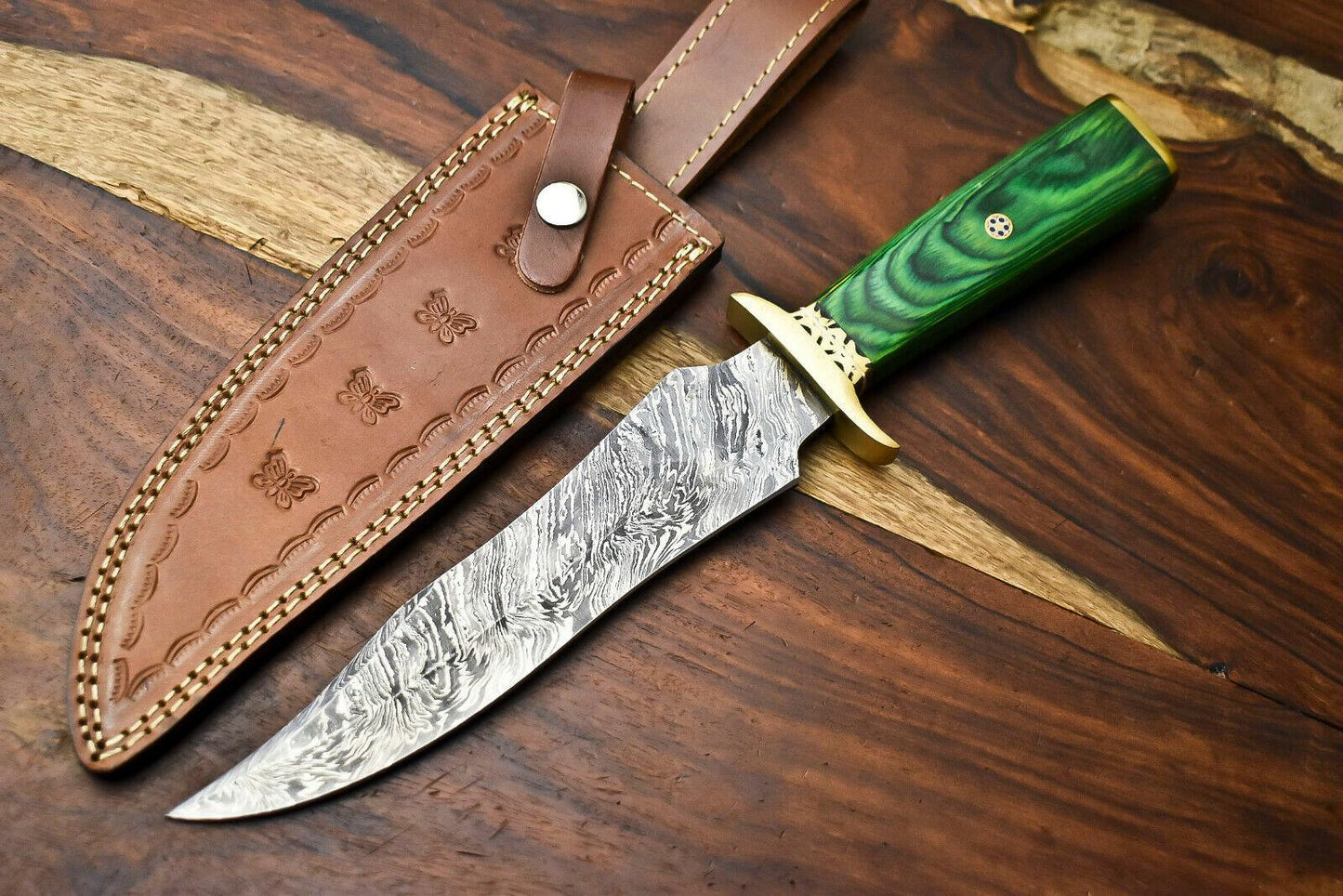 13.5 Inch Handmade Damascus Steel Hunting Bowie Knife with Hardwood Handle