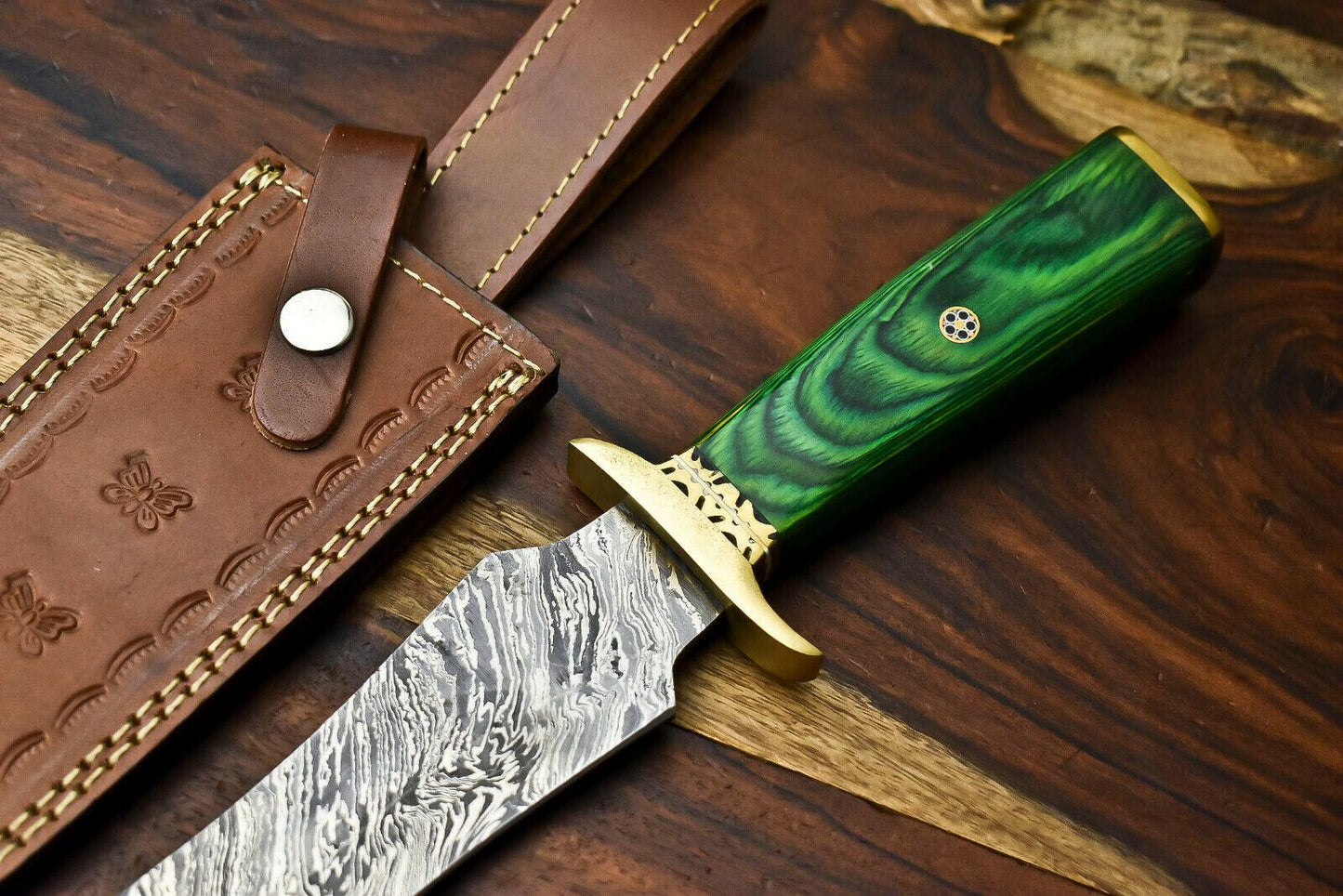 13.5 Inch Handmade Damascus Steel Hunting Bowie Knife with Hardwood Handle