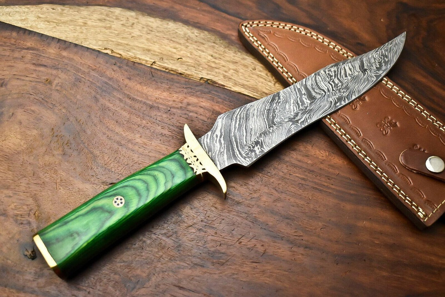 13.5 Inch Handmade Damascus Steel Hunting Bowie Knife with Hardwood Handle