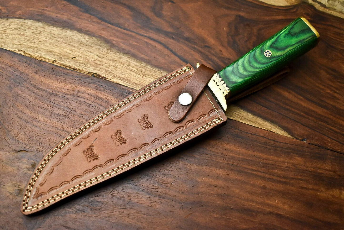 13.5 Inch Handmade Damascus Steel Hunting Bowie Knife with Hardwood Handle