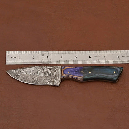 Forged Damascus Camping Knife with Wood Handle and Leather Sheath
