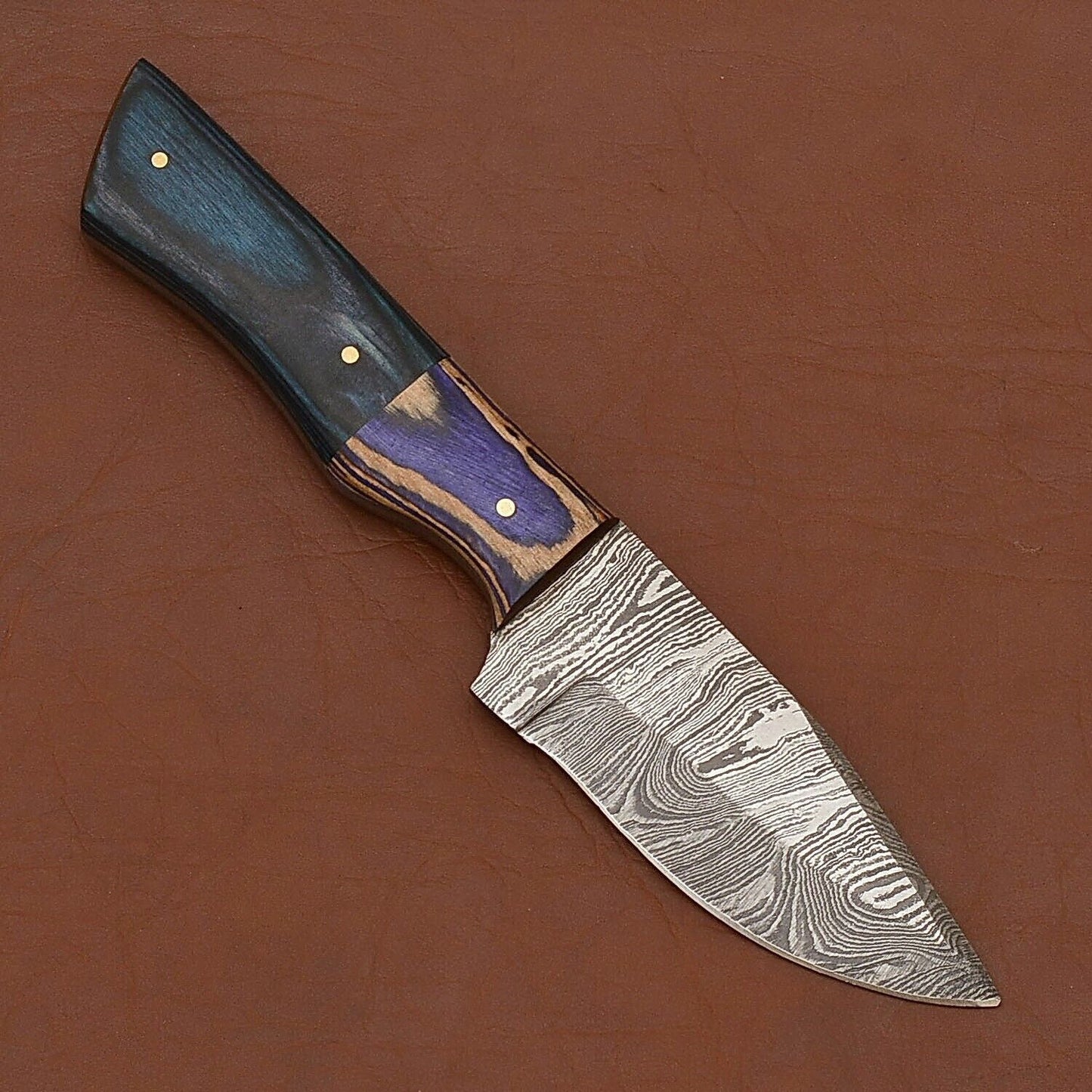 Forged Damascus Camping Knife with Wood Handle and Leather Sheath