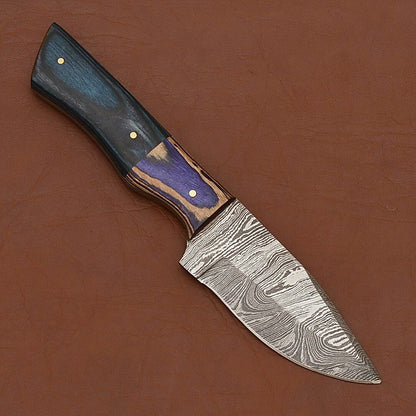 Forged Damascus Camping Knife with Wood Handle and Leather Sheath