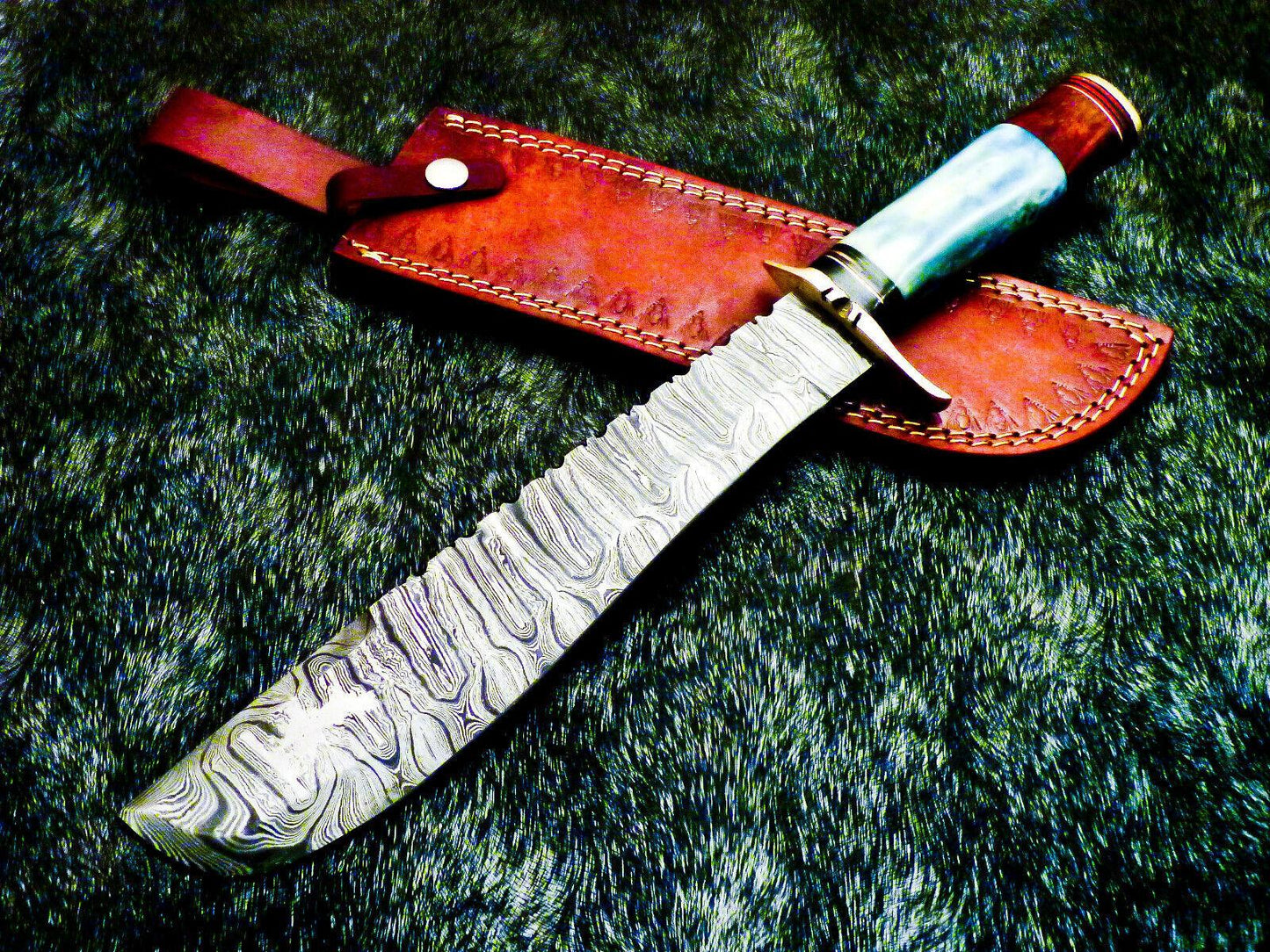 Damascus Bowie Hunting Knife – Stained Bone Handle, 15"