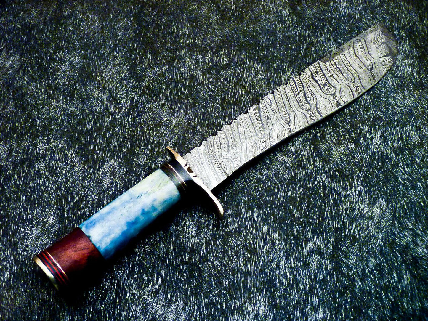 Damascus Bowie Hunting Knife – Stained Bone Handle, 15"