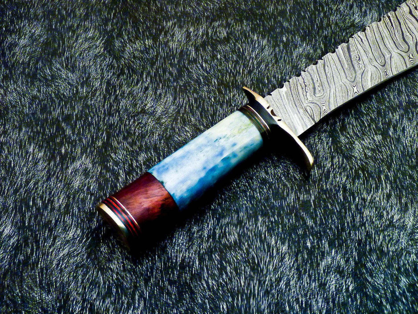 Damascus Bowie Hunting Knife – Stained Bone Handle, 15"