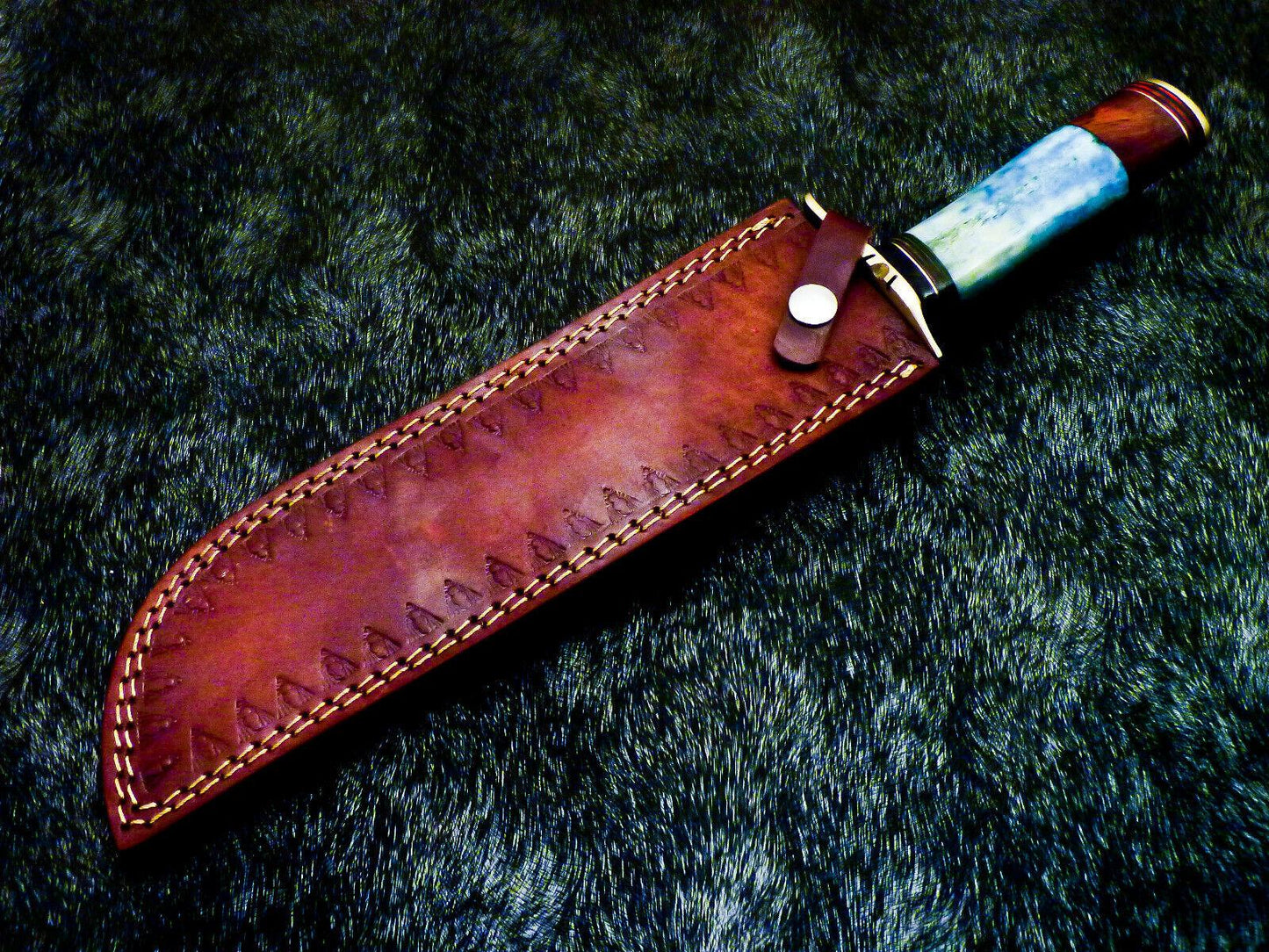 Damascus Bowie Hunting Knife – Stained Bone Handle, 15"