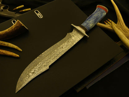 Large Damascus Steel Bowie Knife – 14 Inch Hunting Blade with Stained Bone & Pakka Wood Handle