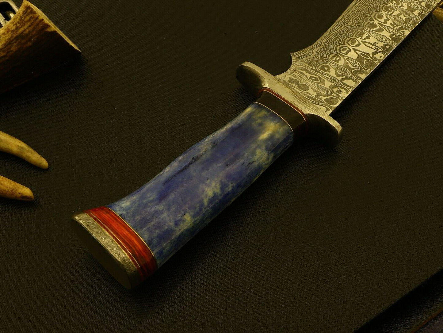 Large Damascus Steel Bowie Knife – 14 Inch Hunting Blade with Stained Bone & Pakka Wood Handle