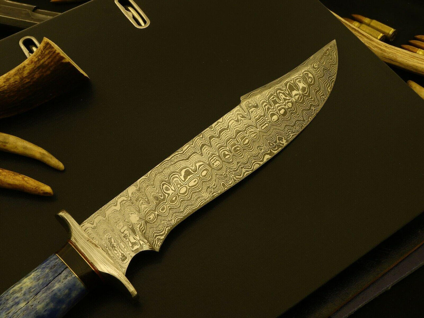 Large Damascus Steel Bowie Knife – 14 Inch Hunting Blade with Stained Bone & Pakka Wood Handle