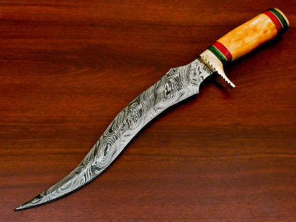 Hand Forged Damascus Steel Bowie Knife | Stained Camel Bone & Wood Handle