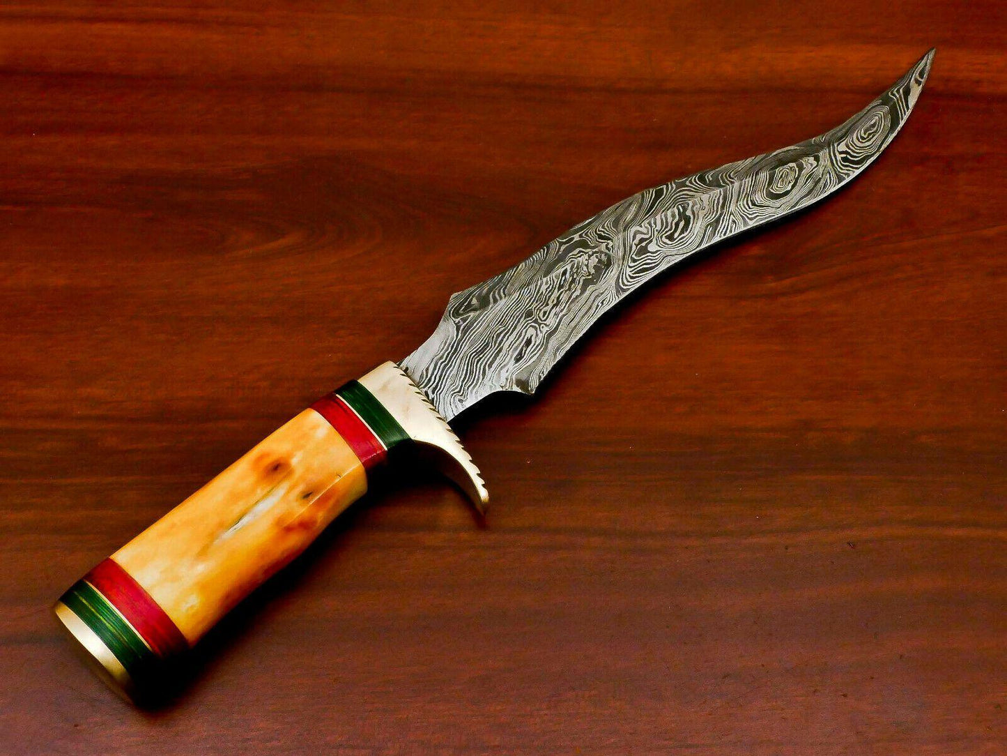 Hand Forged Damascus Steel Bowie Knife | Stained Camel Bone & Wood Handle