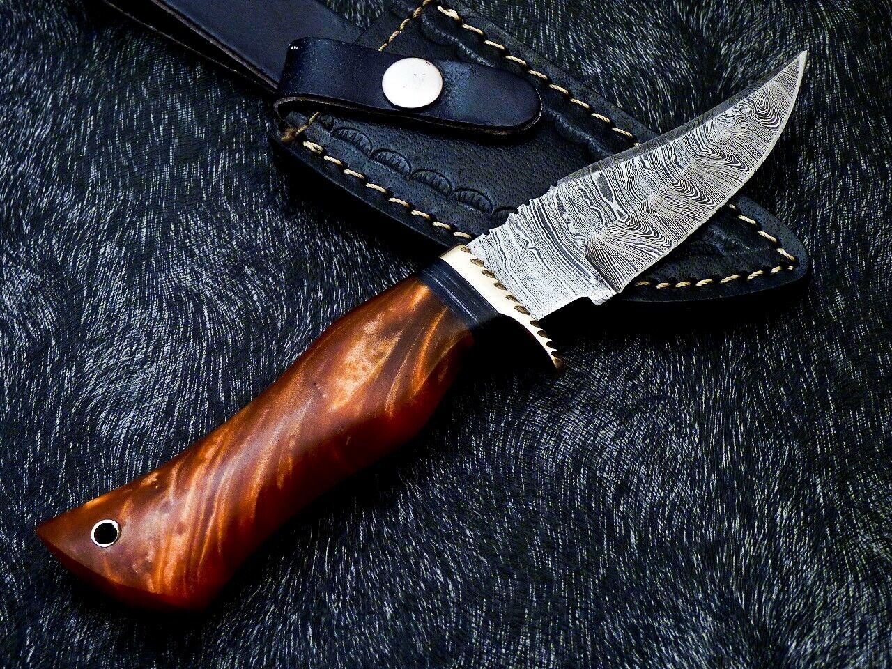 10" Handmade Damascus Steel Bowie Knife – Resin Handle with Brass Bolster & Leather Sheath