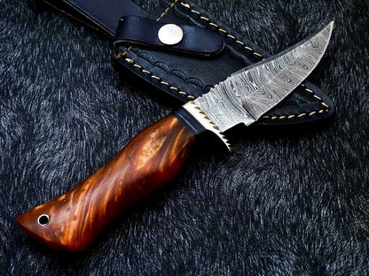 10" Handmade Damascus Steel Bowie Knife – Resin Handle with Brass Bolster & Leather Sheath