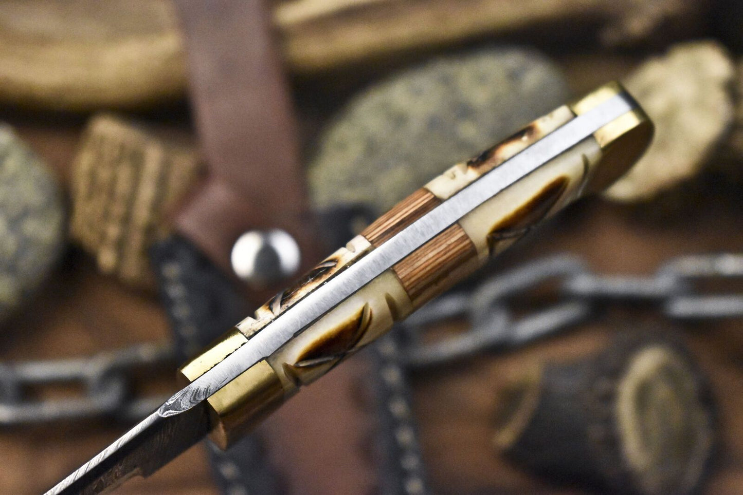 Custom Twist Damascus Skinner Knife with Bone Handle and Brass Guard – Handmade Tactical Knife with Sheath