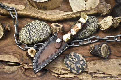 Custom Twist Damascus Skinner Knife with Bone Handle and Brass Guard – Handmade Tactical Knife with Sheath
