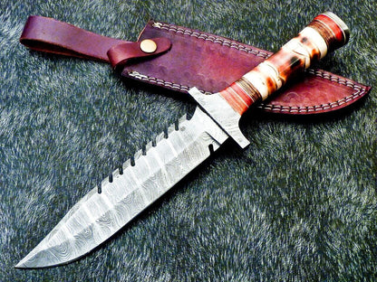 13" Custom Damascus Steel Bowie Knife | Engraved Camel Bone & Hardwood Handle