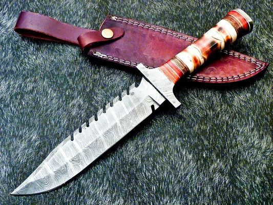 13" Damascus Bowie Knife Damascus Steel Knife with Camel Bone and Hardwood Handle