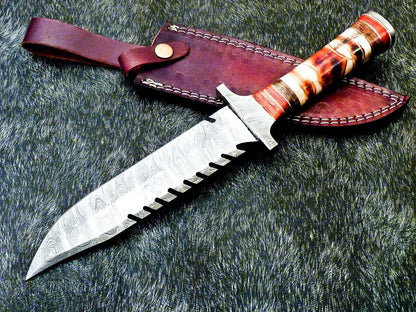 13" Custom Damascus Steel Bowie Knife | Engraved Camel Bone & Hardwood Handle
