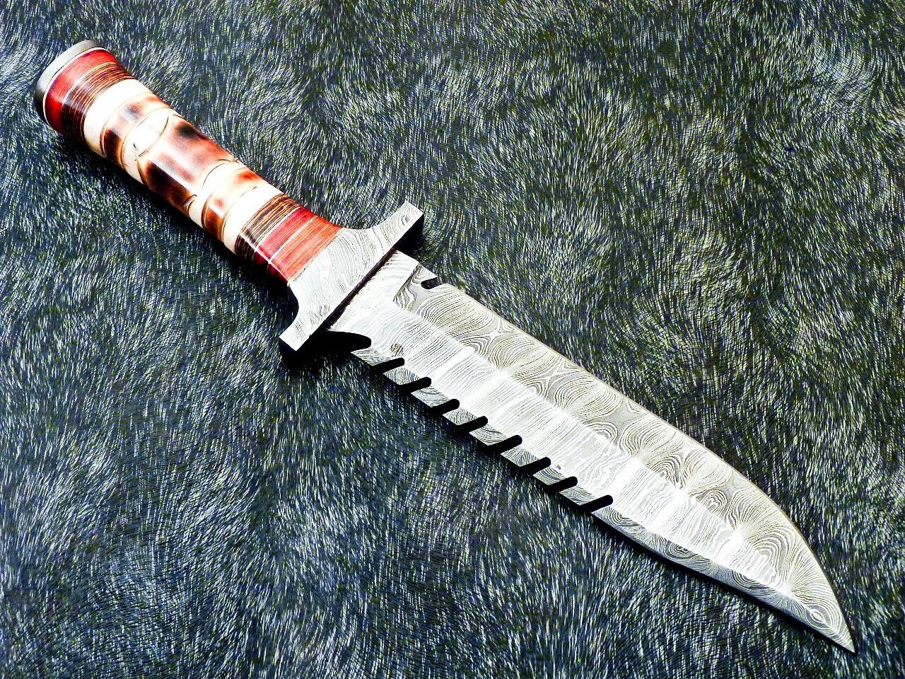 13" Custom Damascus Steel Bowie Knife | Engraved Camel Bone & Hardwood Handle