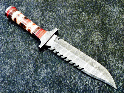 13" Custom Damascus Steel Bowie Knife | Engraved Camel Bone & Hardwood Handle