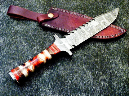 13" Custom Damascus Steel Bowie Knife | Engraved Camel Bone & Hardwood Handle