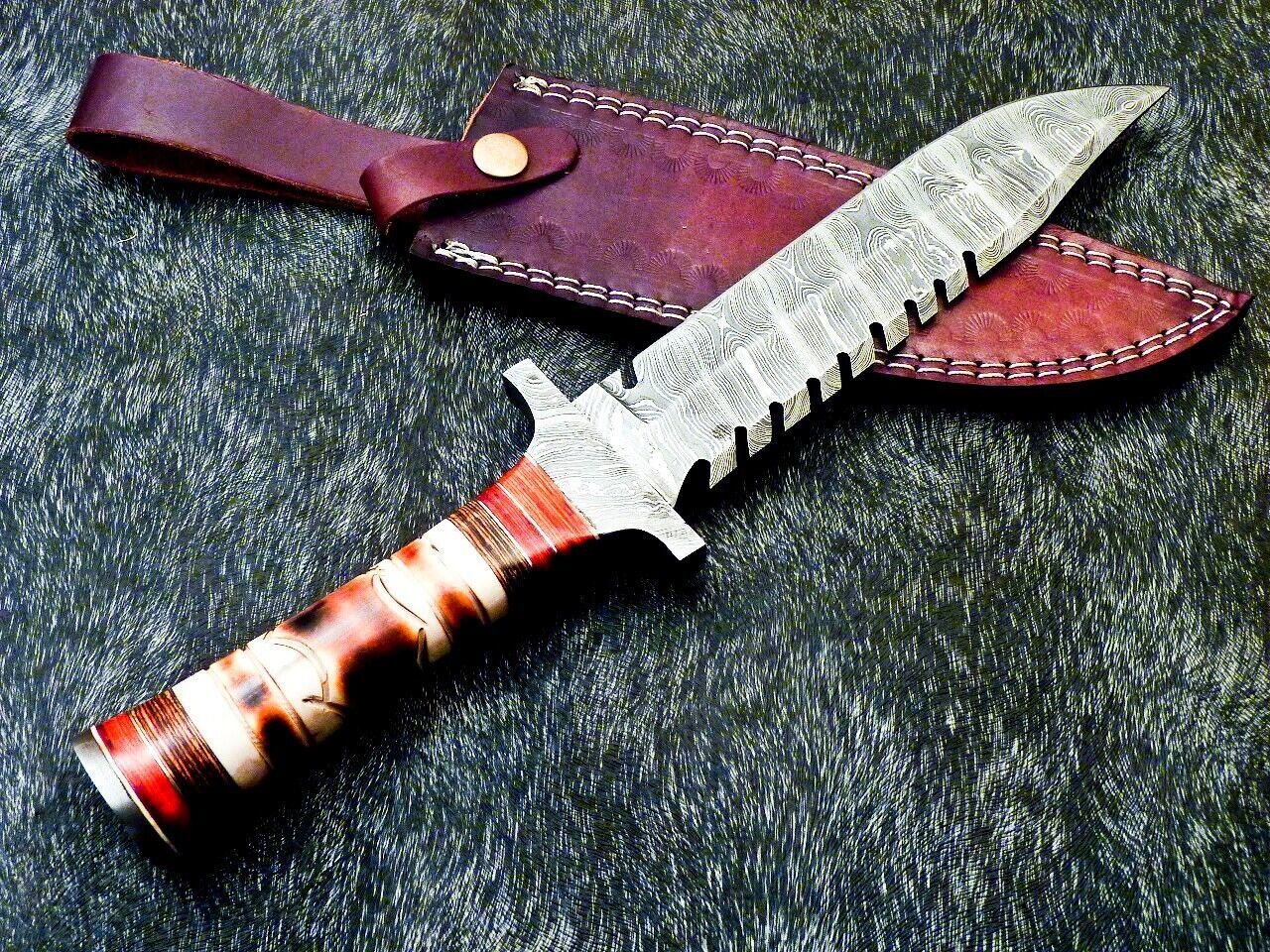 13" Custom Damascus Steel Bowie Knife | Engraved Camel Bone & Hardwood Handle