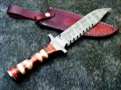 13" Custom Damascus Steel Bowie Knife | Engraved Camel Bone & Hardwood Handle