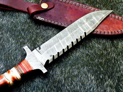 13" Custom Damascus Steel Bowie Knife | Engraved Camel Bone & Hardwood Handle
