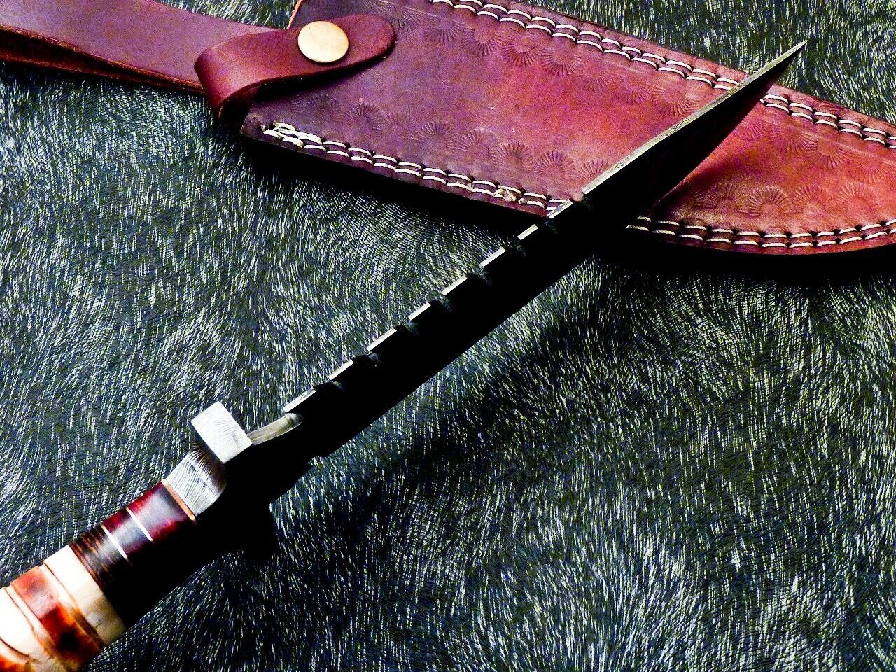 13" Custom Damascus Steel Bowie Knife | Engraved Camel Bone & Hardwood Handle