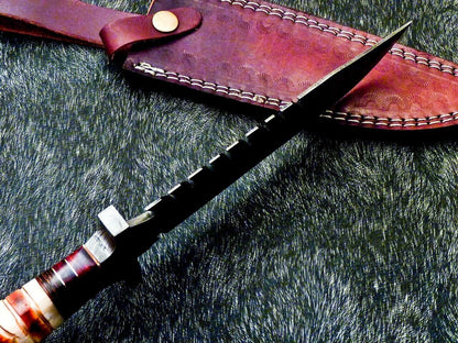 13" Custom Damascus Steel Bowie Knife | Engraved Camel Bone & Hardwood Handle
