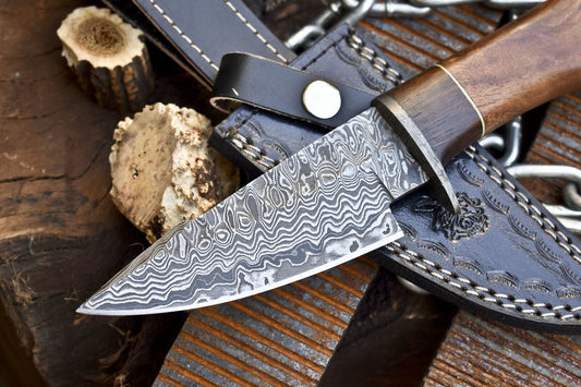 Custom Forged Rain Drop Damascus Skinner Knife with Walnut Wood Handle – Camping & Hunting Edition