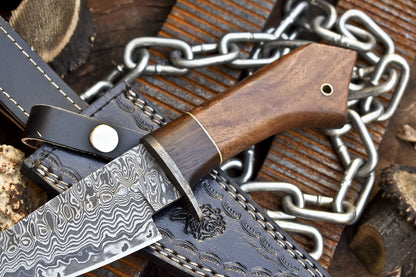 Custom Forged Rain Drop Damascus Skinner Knife with Walnut Wood Handle – Camping & Hunting Edition