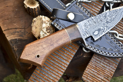 Custom Forged Rain Drop Damascus Skinner Knife with Walnut Wood Handle – Camping & Hunting Edition