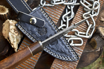 Custom Forged Rain Drop Damascus Skinner Knife with Walnut Wood Handle – Camping & Hunting Edition