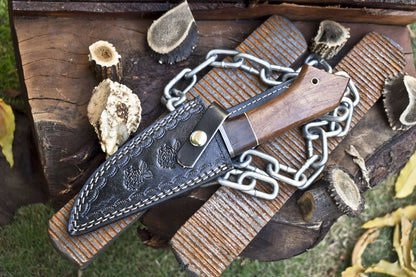 Custom Forged Rain Drop Damascus Skinner Knife with Walnut Wood Handle – Camping & Hunting Edition