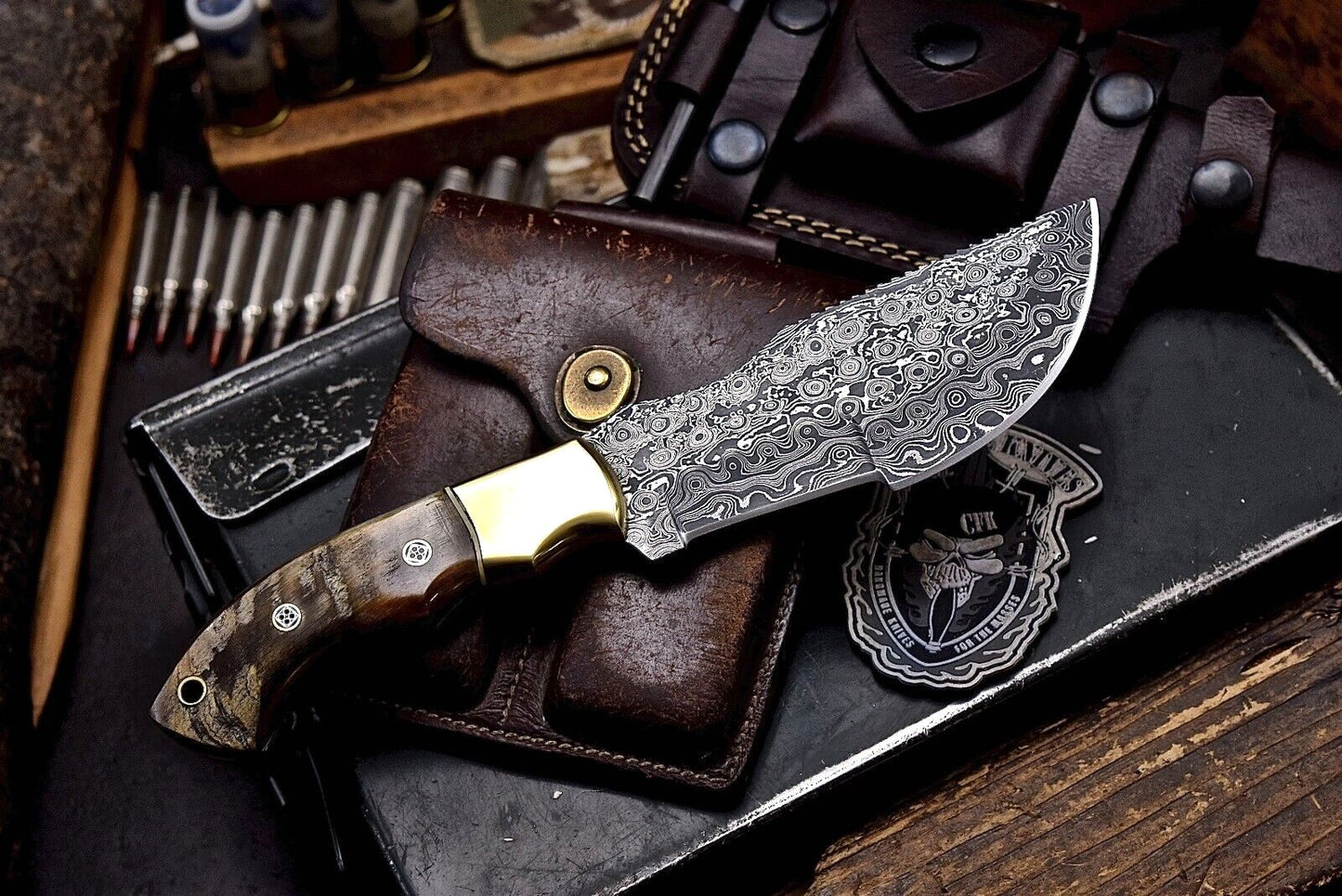 Handmade Damascus Tracker Knife – Sheep Horn Handle Hunting Chopper with Fire Starter, Whetstone & Leather Sheath