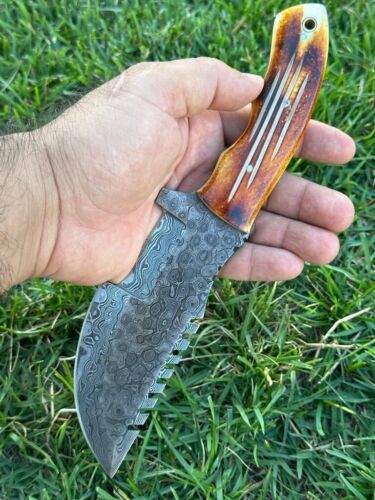 10" Full Tang Handmade Damascus Steel Hunting Skinning Tracker Knife with Leather Sheath