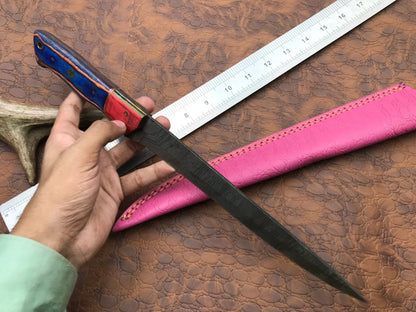 14" Damascus Steel Camping Fillet Knife With Pakka Wood Handle & Leather Sheath