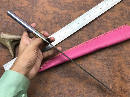 14" Damascus Steel Camping Fillet Knife With Pakka Wood Handle & Leather Sheath