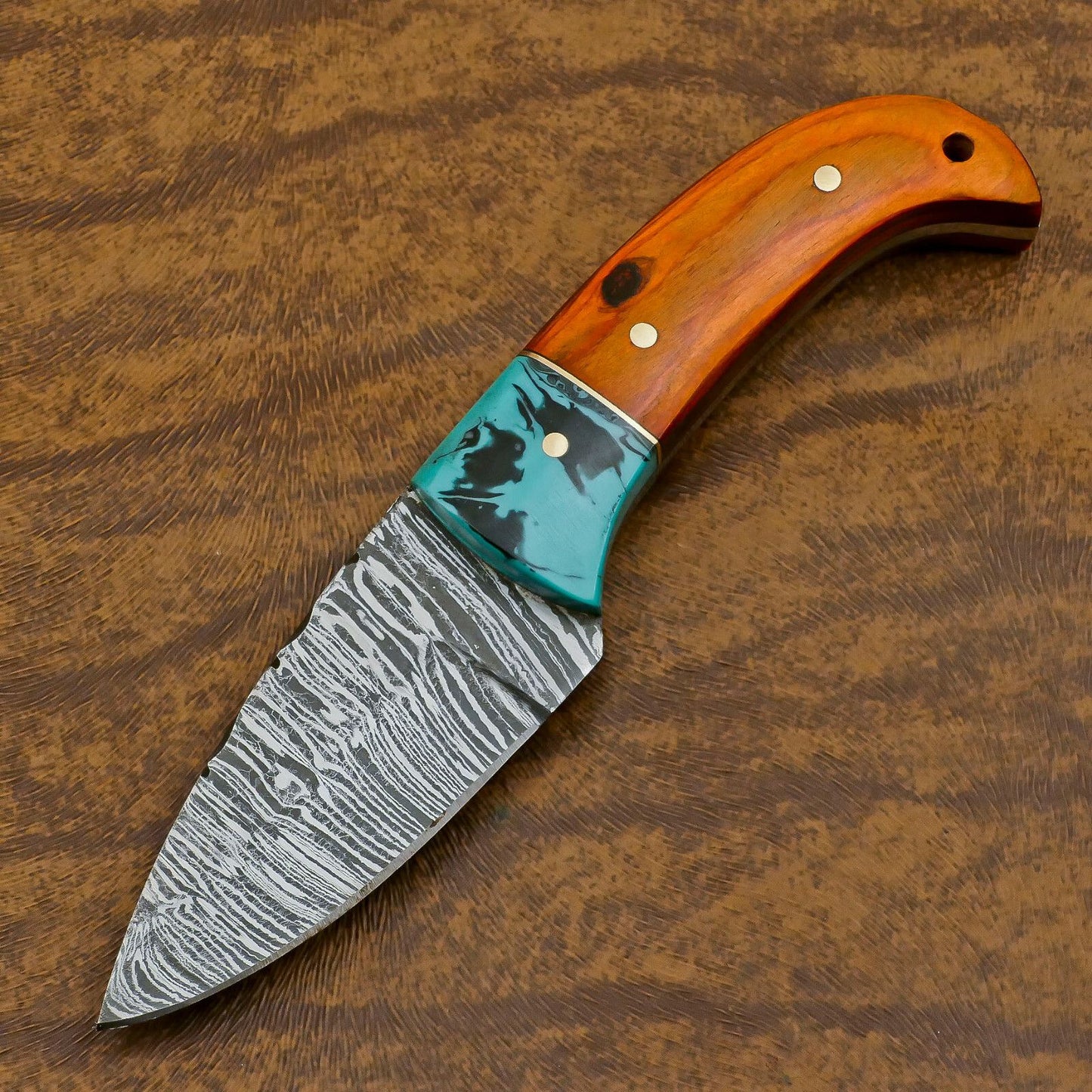Hand Forged Damascus Skinner Knife with Resin and Wood Handle – Custom Fixed Blade Hunting EDC Knife