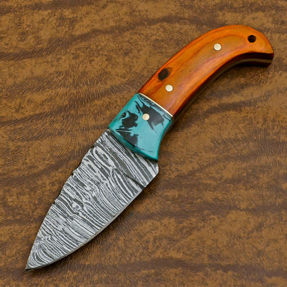 Hand Forged Damascus Skinner Knife with Resin and Wood Handle – Custom Fixed Blade Hunting EDC Knife