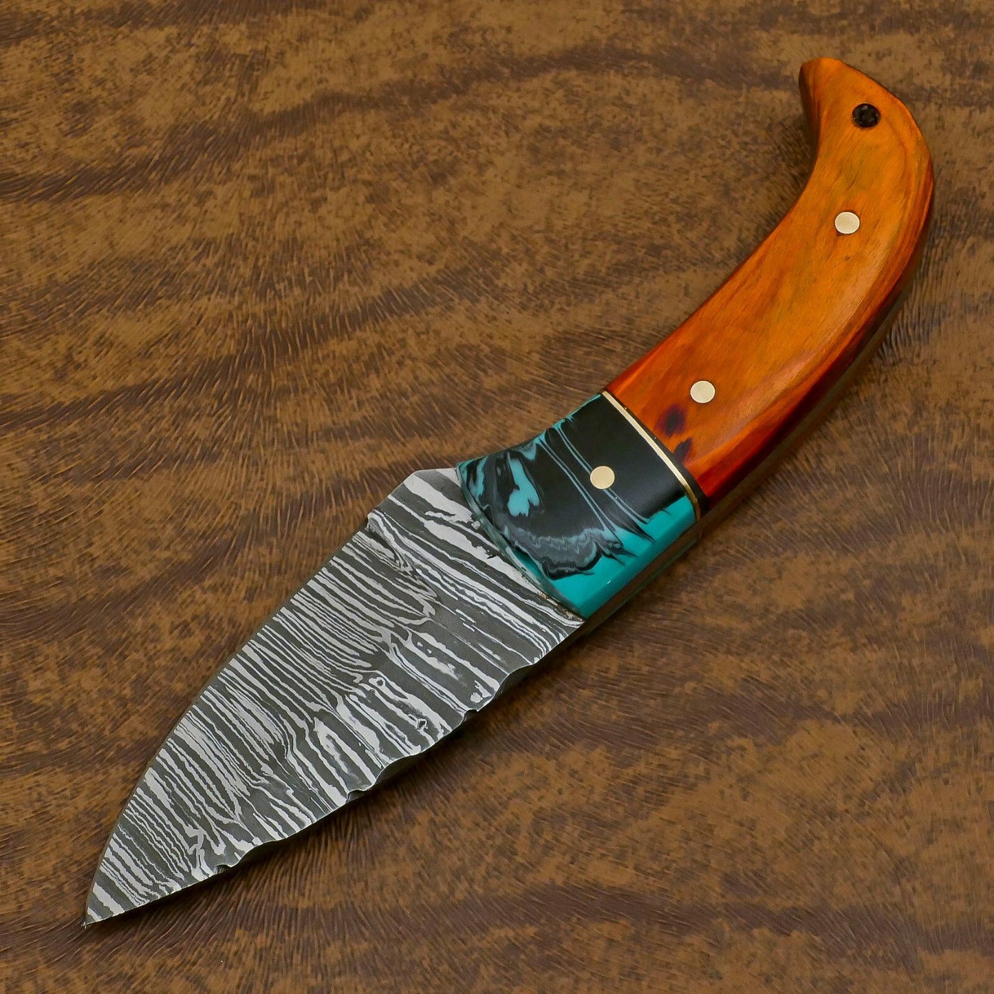 Hand Forged Damascus Skinner Knife with Resin and Wood Handle – Custom Fixed Blade Hunting EDC Knife