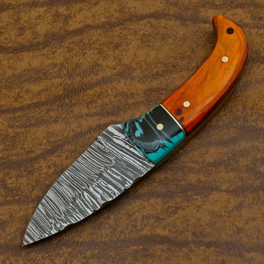 Hand Forged Damascus Skinner Knife with Resin and Wood Handle – Custom Fixed Blade Hunting EDC Knife