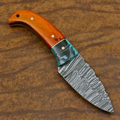Hand Forged Damascus Skinner Knife with Resin and Wood Handle – Custom Fixed Blade Hunting EDC Knife