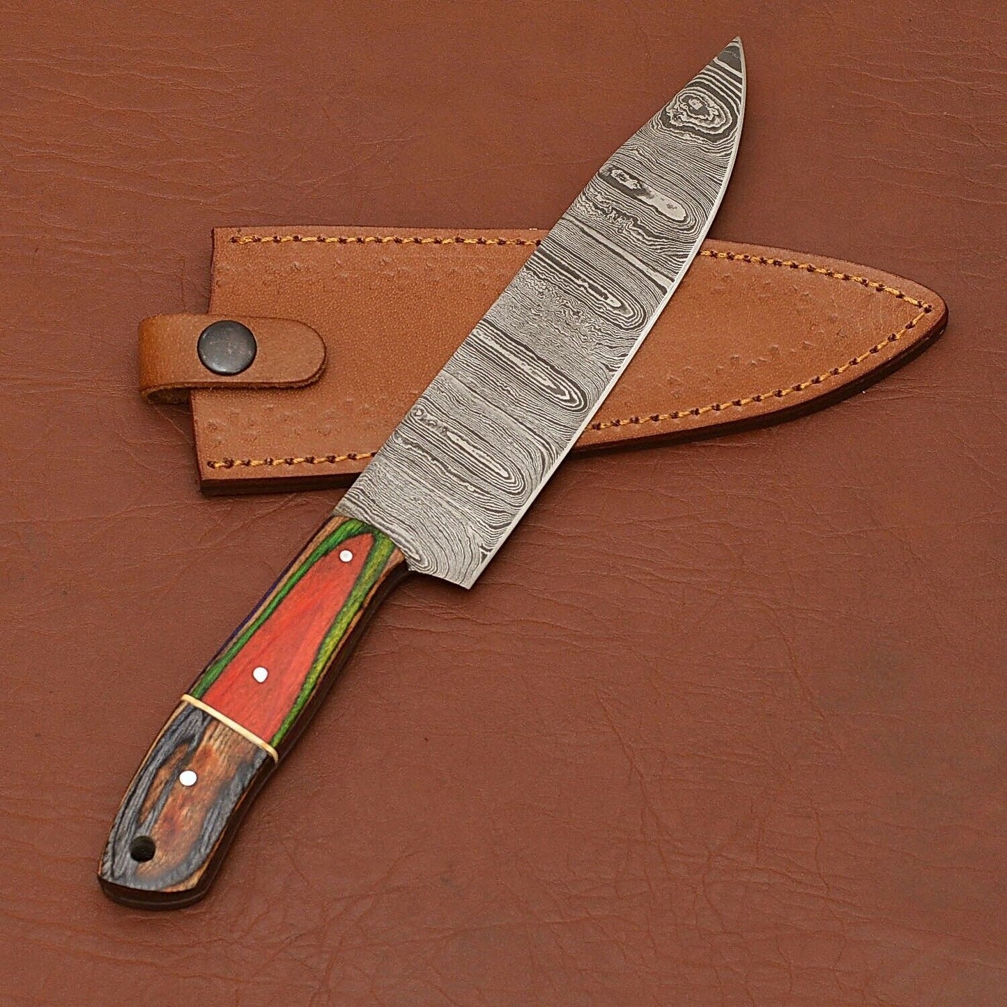 Custom Handmade 12" Damascus Steel Chef Knife | Wood Handle & Leather Sheath
