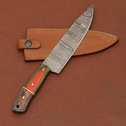 Custom Handmade 12" Damascus Steel Chef Knife | Wood Handle & Leather Sheath