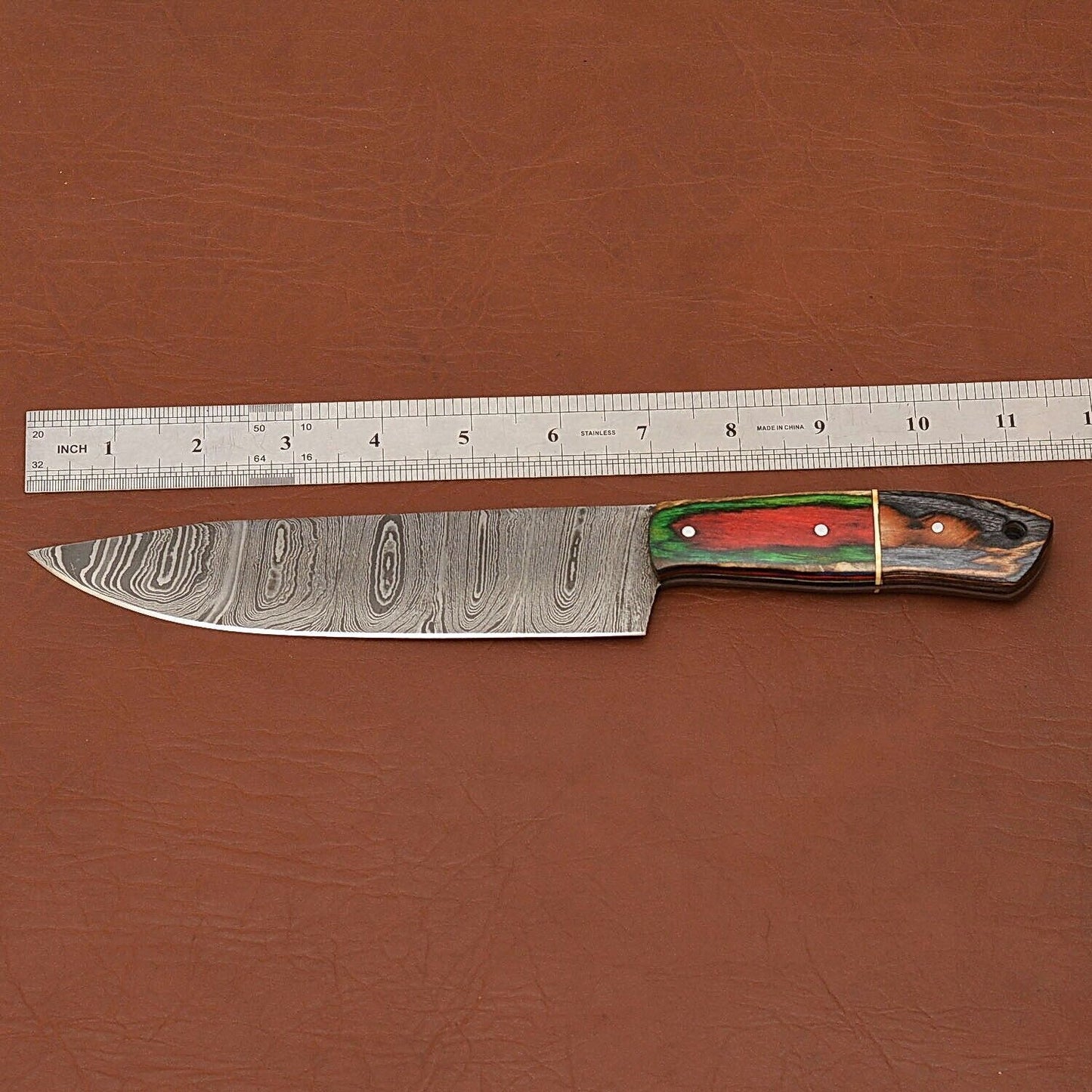 Custom Handmade 12" Damascus Steel Chef Knife | Wood Handle & Leather Sheath